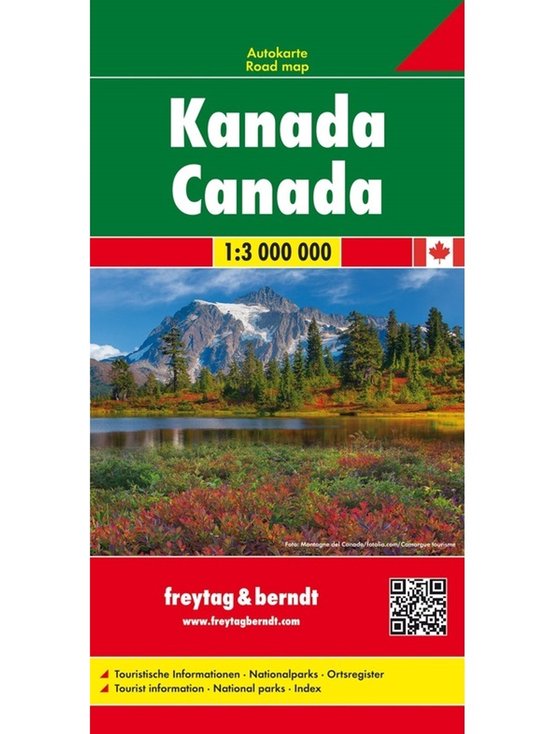 Wegenkaart van Canada met een bergresort en een meer op de voorgrond. Schaal 1:3.000.000.
