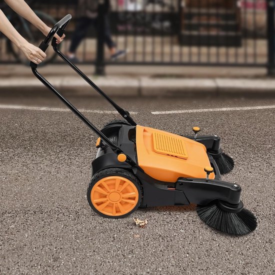 Handmatige Veegmachine - Veegmachine voor Buiten - Grote Oppervlakken Reinigen - Dubbele Zijborstels - 105 cm Werkbreedte - Zwart Geel — afbeelding 2