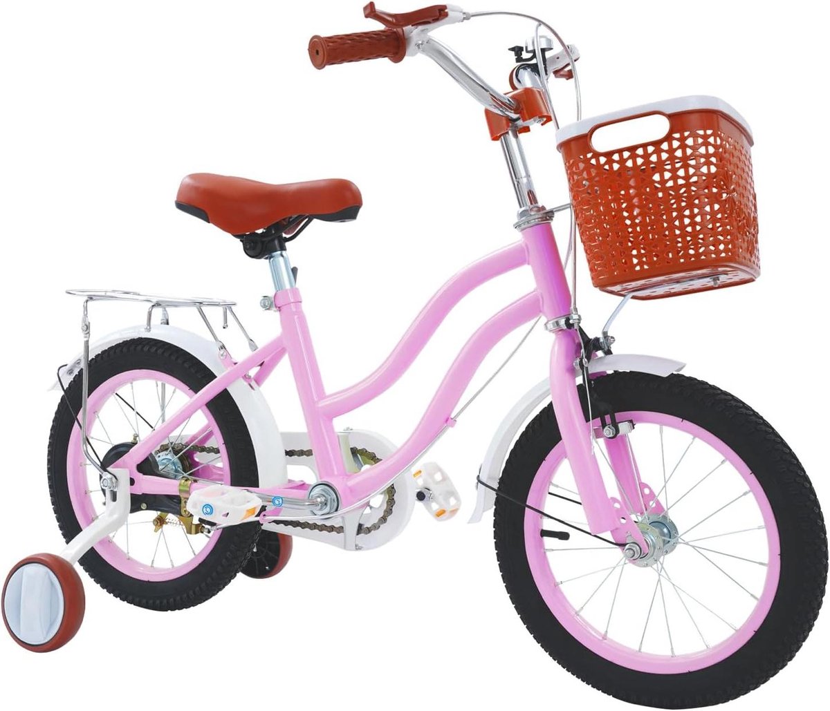 Kinderfiets Loopfiets met steunwielen Veilig leren fietsen Inclusief mand en achterbank 14 inch Roze