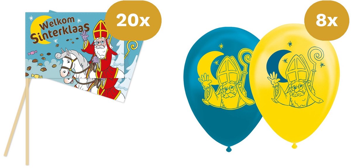 Sinterklaas Versiering Zwaaivlaggen & Ballonnen Set - 20x Zwaaivlaggetjes & 8x Ballonnen - Intocht Brievenbusverpakking
