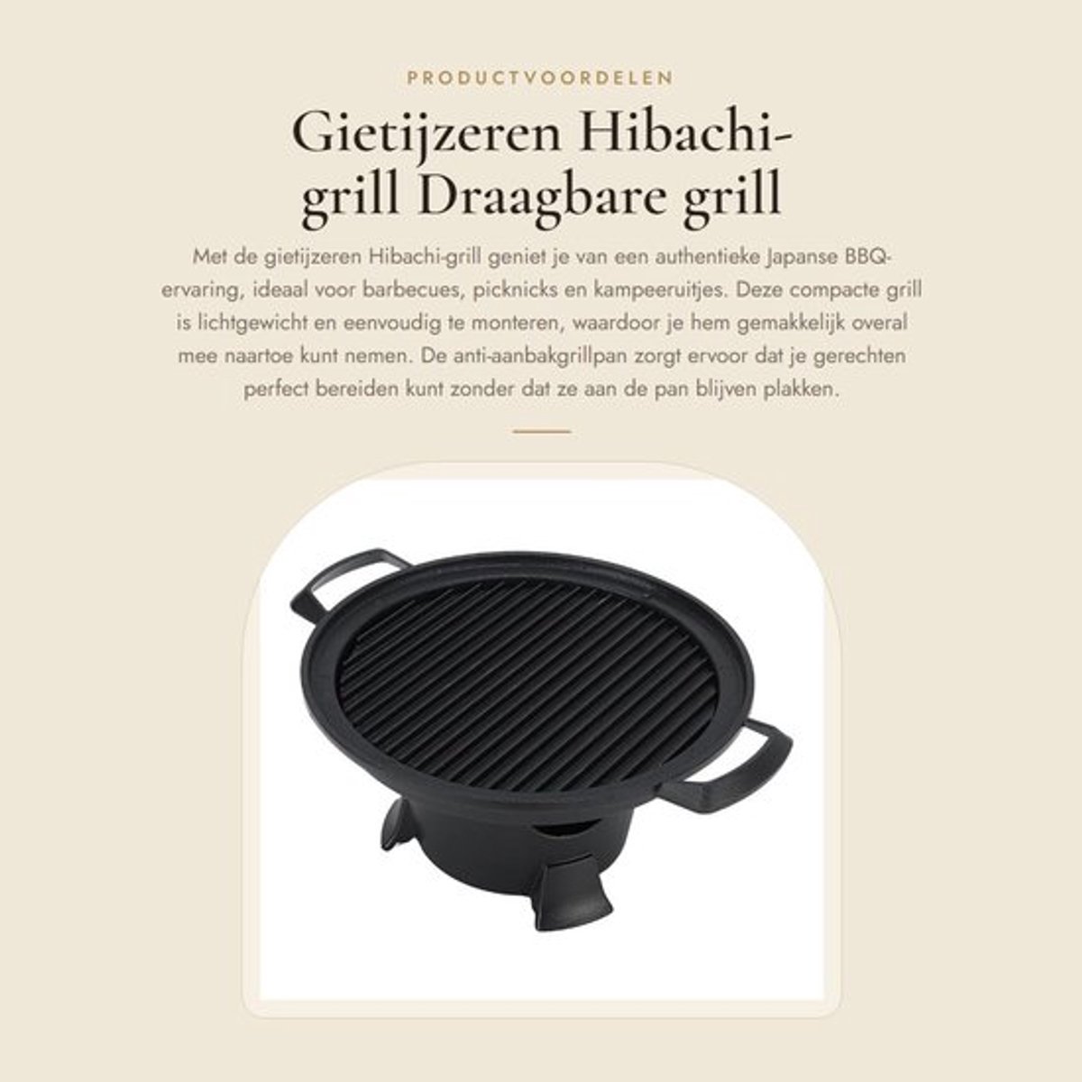 Hibachi-grill Gietijzer - Draagbare BBQ-grill - Antiaanbak Grillpan - Eenvoudig te Monteren - Lichtgewicht - Ideaal voor Picknicks - Barbecuegrill