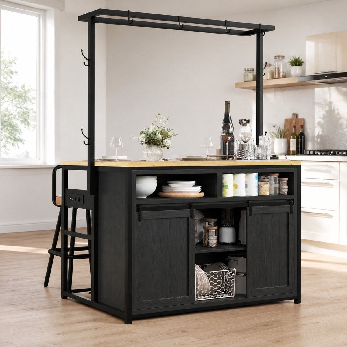 Wishdor Keukeninselsset met barhockers - Keukenmeubel met opbergruimte - Stroomaansluiting - Zwart - Houtlook - 107 x 62 x 183 cm