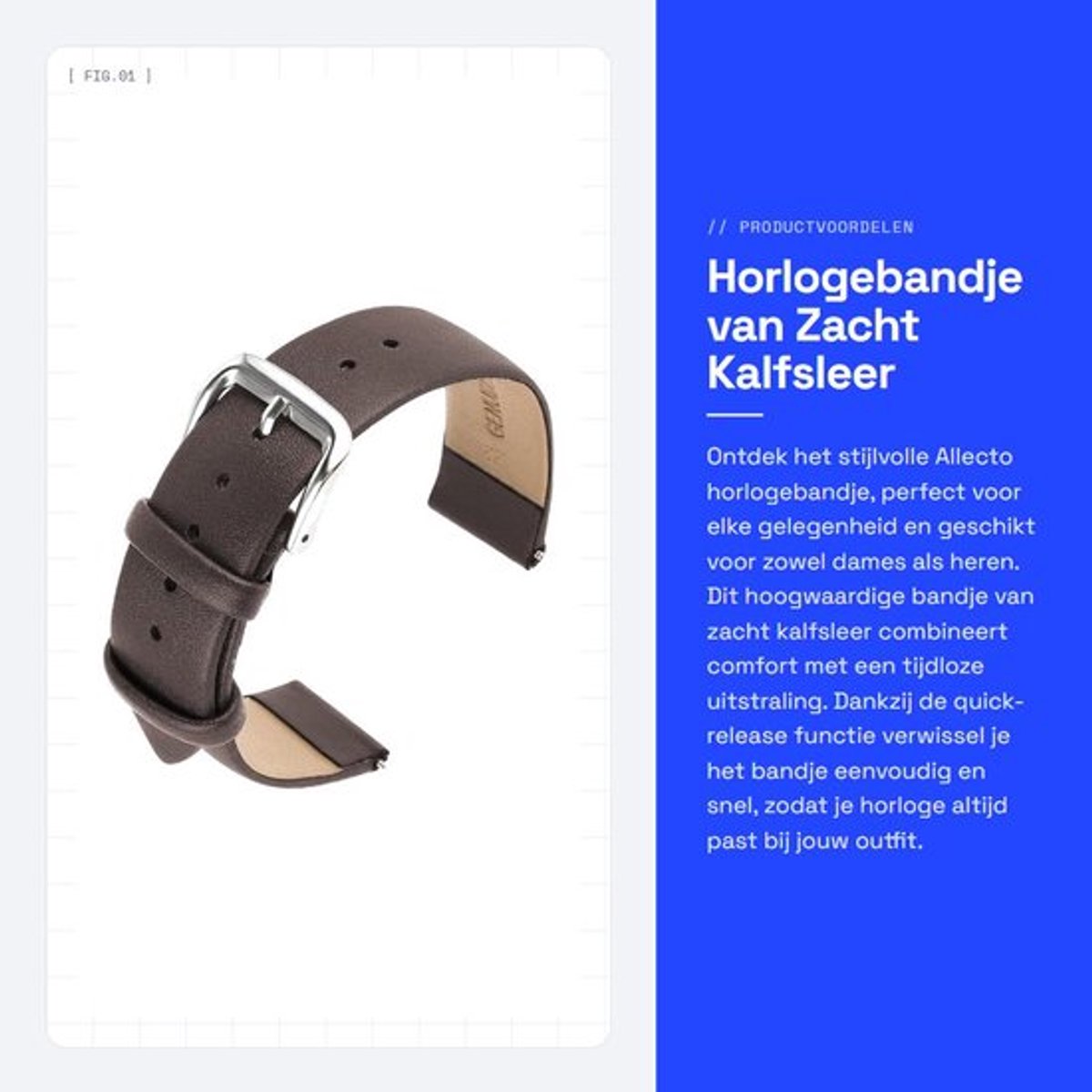 Horlogebandje Zacht Kalfsleer - Quick-release - Universeel Reservebandje - Roestvrij Stalen Gesp - 18/20/22 mm - 12,5+7,5 cm Lengte - Horlogeband