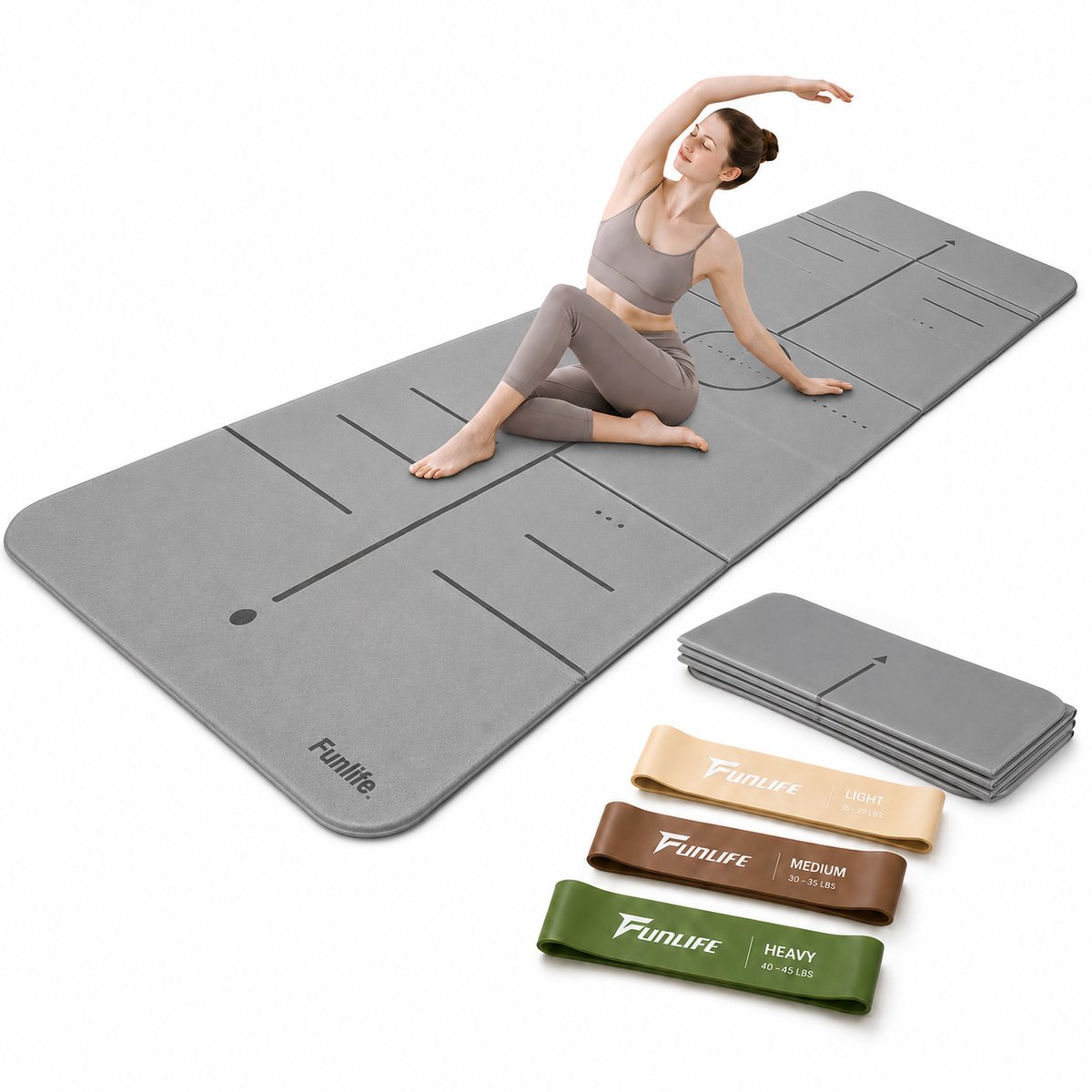 FunLife Opvouwbare Yogamat Set – Fitnessmat 190 x 66 x 1 cm met 3 Weerstandsbanden – Dikke Sportmat voor Yoga en Pilates – Lichtgrijs