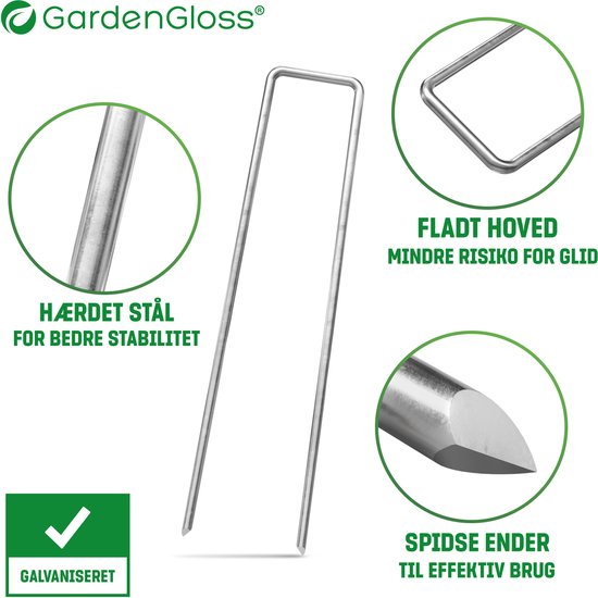 Een metalen grondpin met platte kop en puntige uiteinden. Gelabeld als verzinkt staal voor betere stabiliteit.