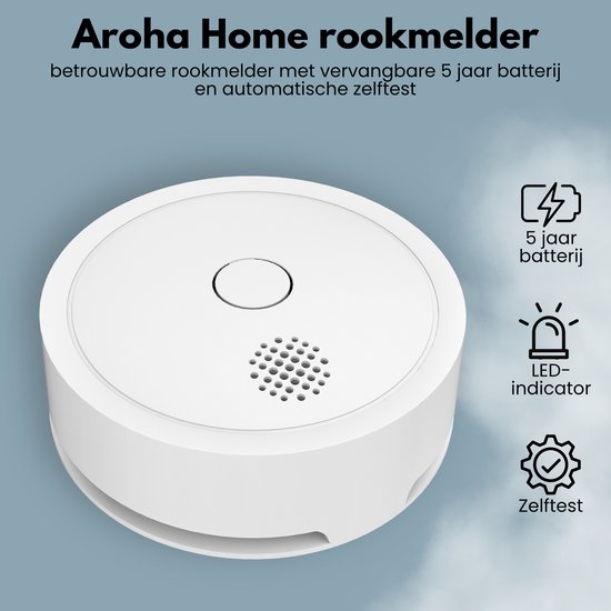 Witte, ronde rookmelder met tekst '5 jaar batterij', 'LED-indicator', 'Zelftest'.