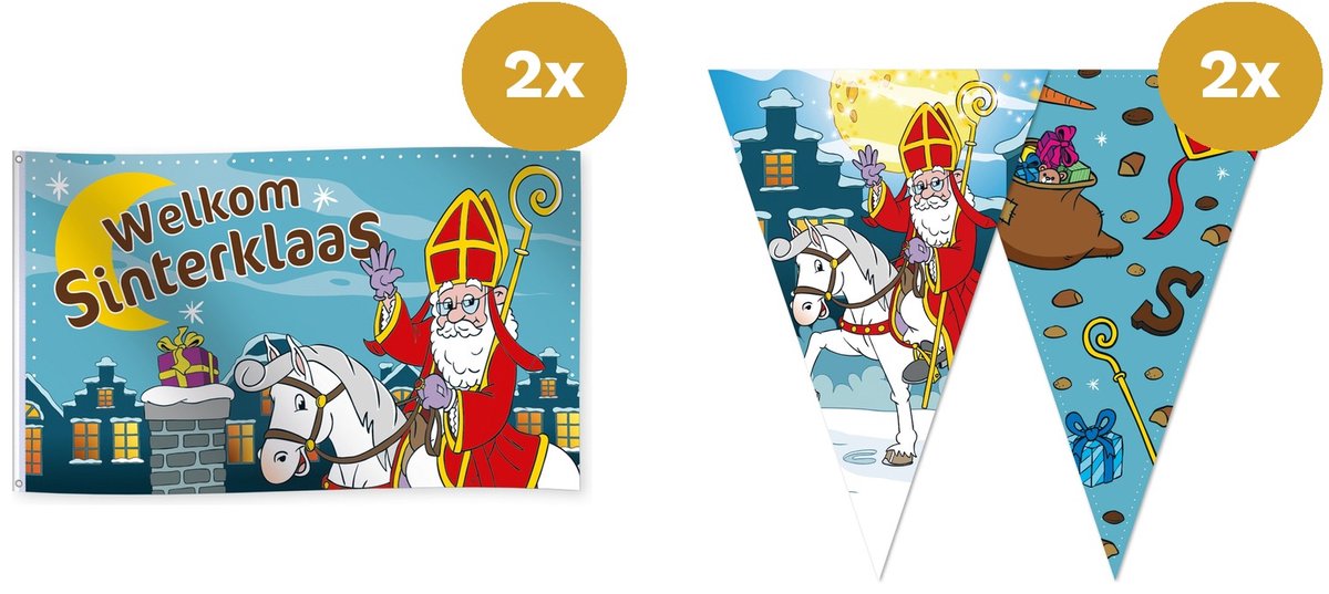 Sinterklaas Versiering Gevelvlag & Vlaggenlijn Mega Pack - 2x Gevelvlag 150x90cm & 2x Vlaggenlijn 10m - Grote Huisvlaggen Set