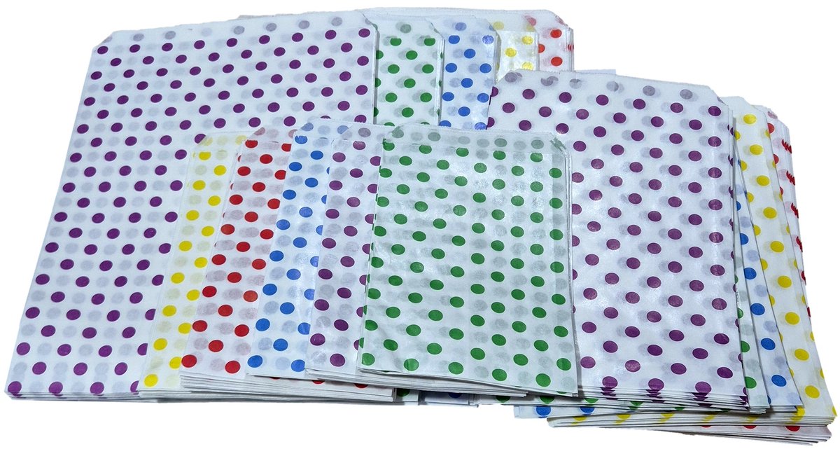 Prigta - Papieren zakjes Mix - 150 stuks - 3 maten - 5 kleuren stip design - 10x16 / 13,5x18 / 17,5x25 cm - vlakke cadeauzakjes