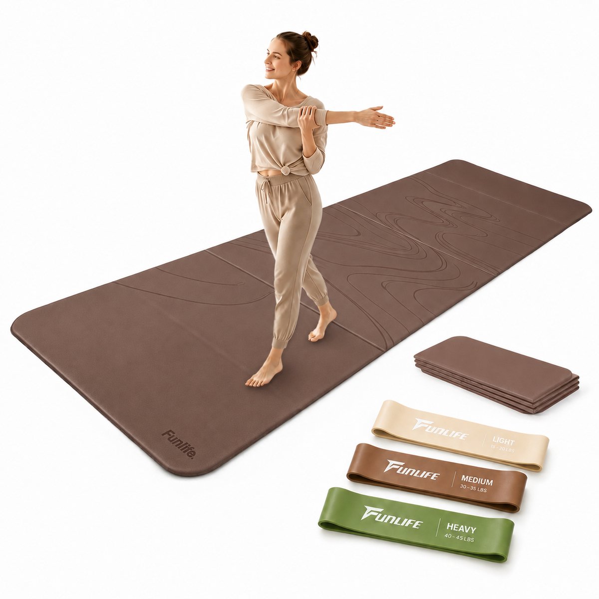 FunLife Opvouwbare Yogamat Set – Fitnessmat 190 x 66 x 1 cm met 3 Weerstandsbanden – Dikke Sportmat voor Yoga en Pilates – Bruin Flow