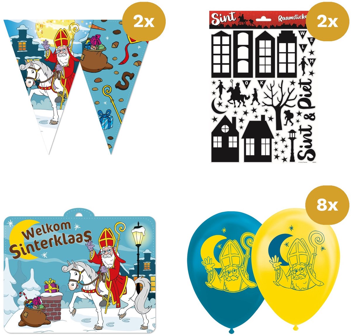 Sinterklaas Versiering Huis & Raam Deluxe Set - 2x Vlaggenlijn 10m, 2x Raamstickers A4, Feestschild & 8x Ballonnen