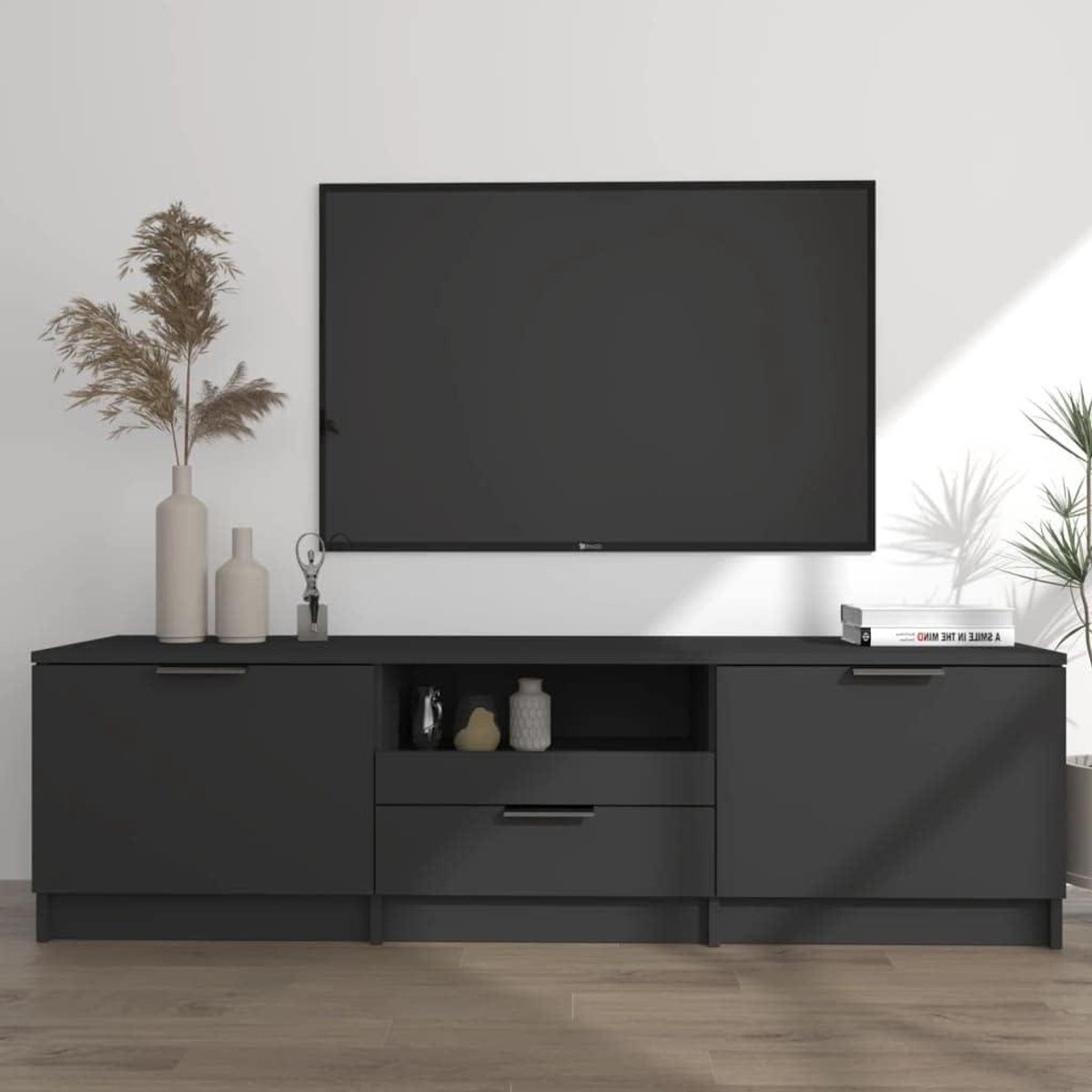 TV Kast - Mediameubel Entertainmentkast - Opbergen Media - Drie Compartimenten - 140x35x40 cm - Zwart