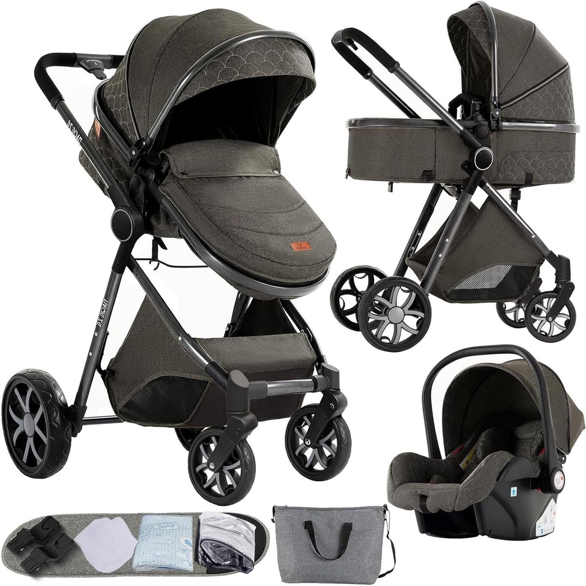 3-in-1 Kinderwagen - Reiswieg Trio - Comfortabel Reizen - Dubbele Duwmodus - 83 x 62 x 106 cm - Deep Grey