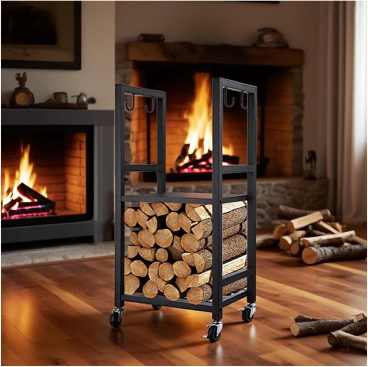 Houtrek op wielen - Houthouder Kachel - Haardhout Opslag - Dubbellaags Metalen Frame - 40x30x80 cm - Zwart