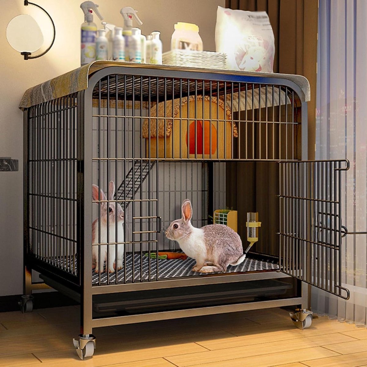 Konijnenkooi Binnen - Huisdierenbehuizing Kleine Dieren - Veilige Huisvesting - Uittrekbare Schoonmaaklade - 60x45x66 cm - Zwart