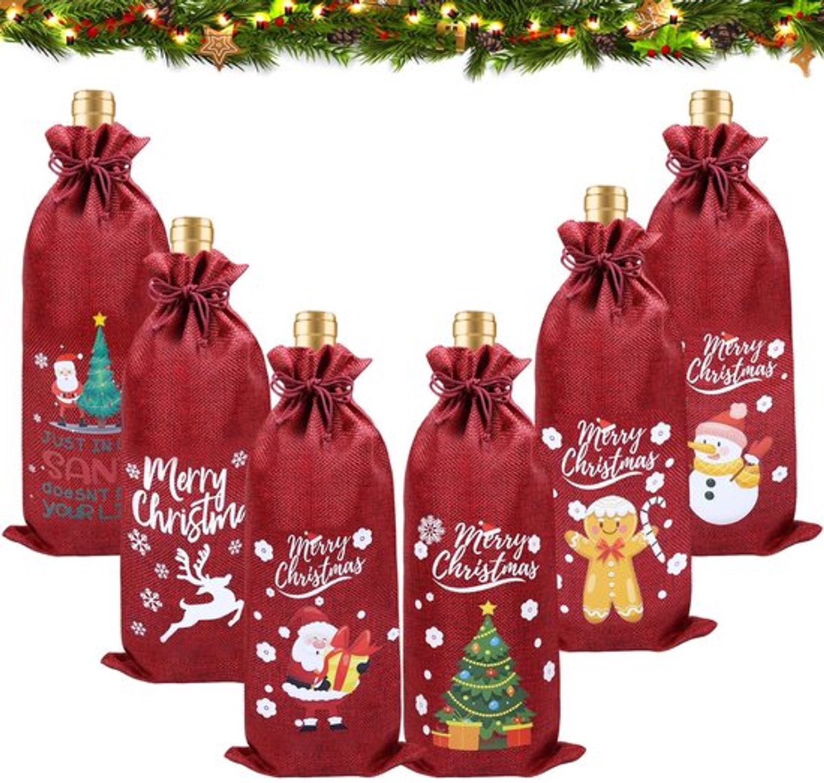Wijntas met trekkoord - Jute Wijnzak - Kerstdecoratie - Flessenzak - Geschenktas - 35 cm hoog