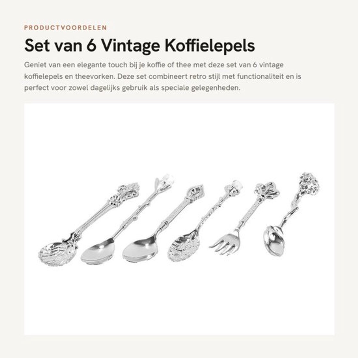Koffielepels Set van 6 - Vintage Theevork Set - Zinklegering - Roestbestendig - Elegant Design - Geschikt voor Koffie/Thee/Dessert - Servies