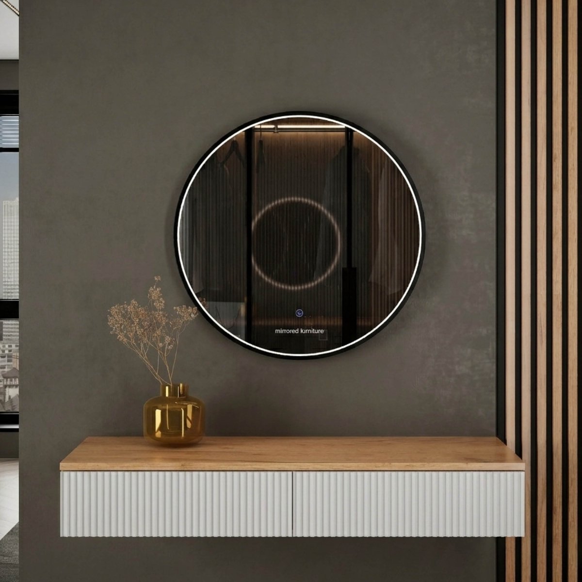 Planetmöbel AMYRA Wandconsole 100 cm – Goud Eiken/Wit – VELUNA LED Spiegel 60 cm – Dimbaar – 3 Lichtkleuren