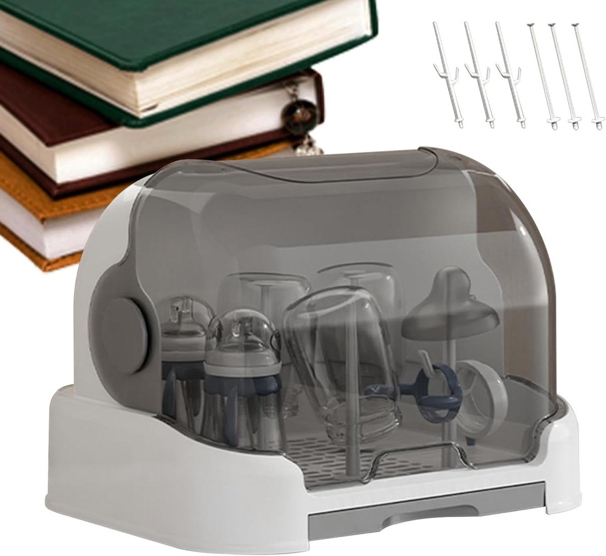 Flessendroger Organizer - Fleshouder Afdruiprek - Babyflessen Drogen - Afneembare Lekbak - 26.5 x 26 x 26 cm - Grijs