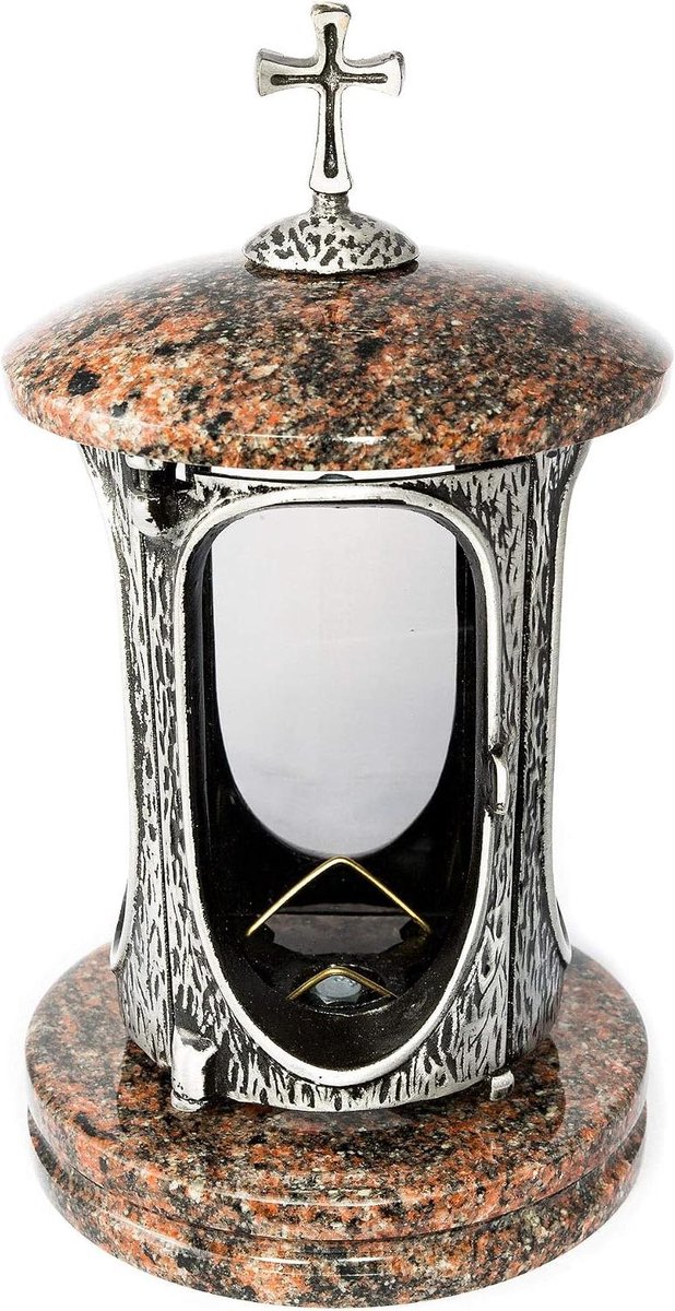 Graflantaarn met Kruis - Graflicht Graniet - Herdenken Geliefde - Vorstbestendig Materiaal - 27 cm Hoog - Antraciet