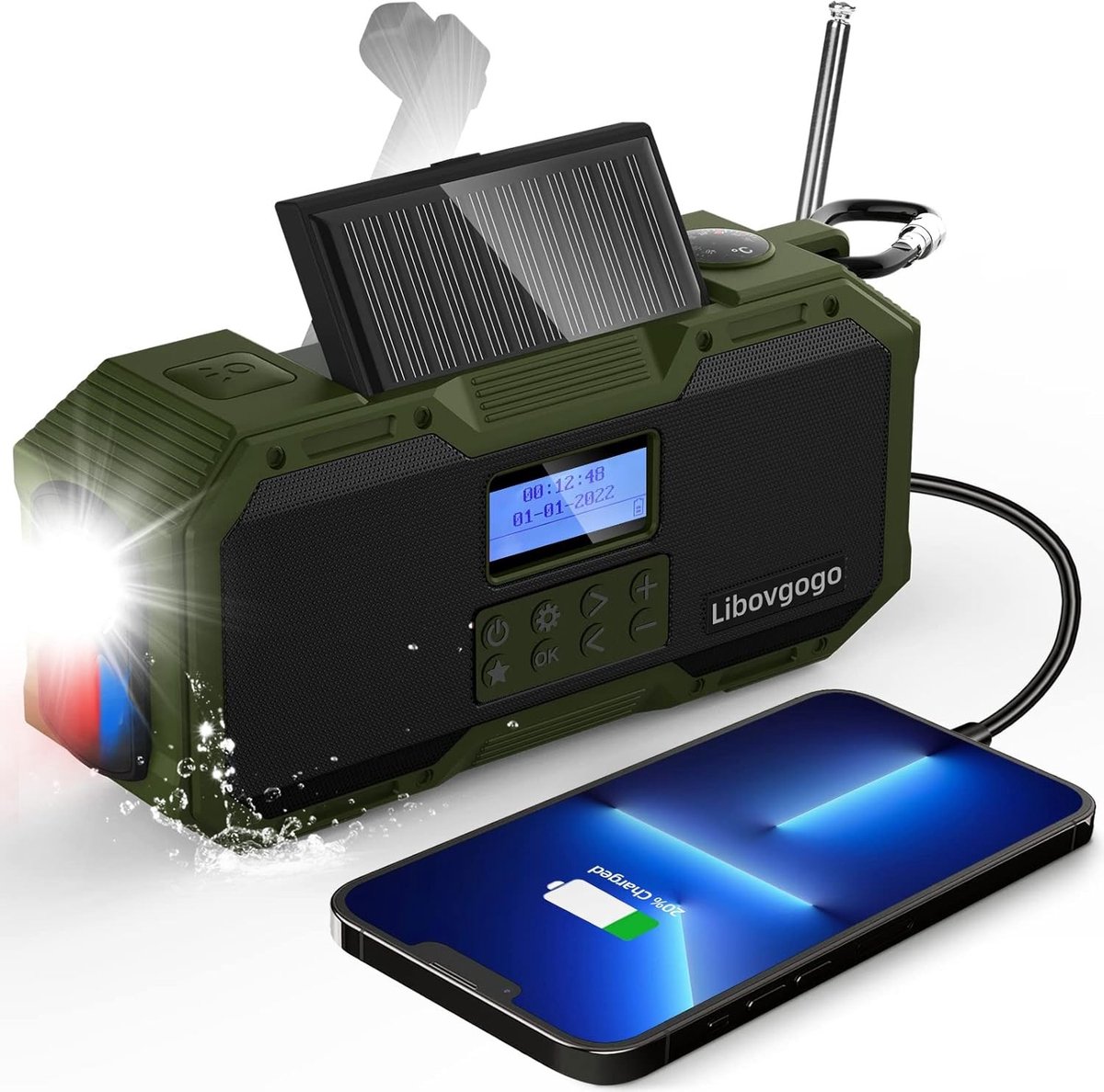 Noodradio solar en opwindbaar - Zwart - 4000 mAh - Waterdichte Bluetooth Noodradio met Powerbank en Zaklamp - Voor Outdoor en Noodgebruik