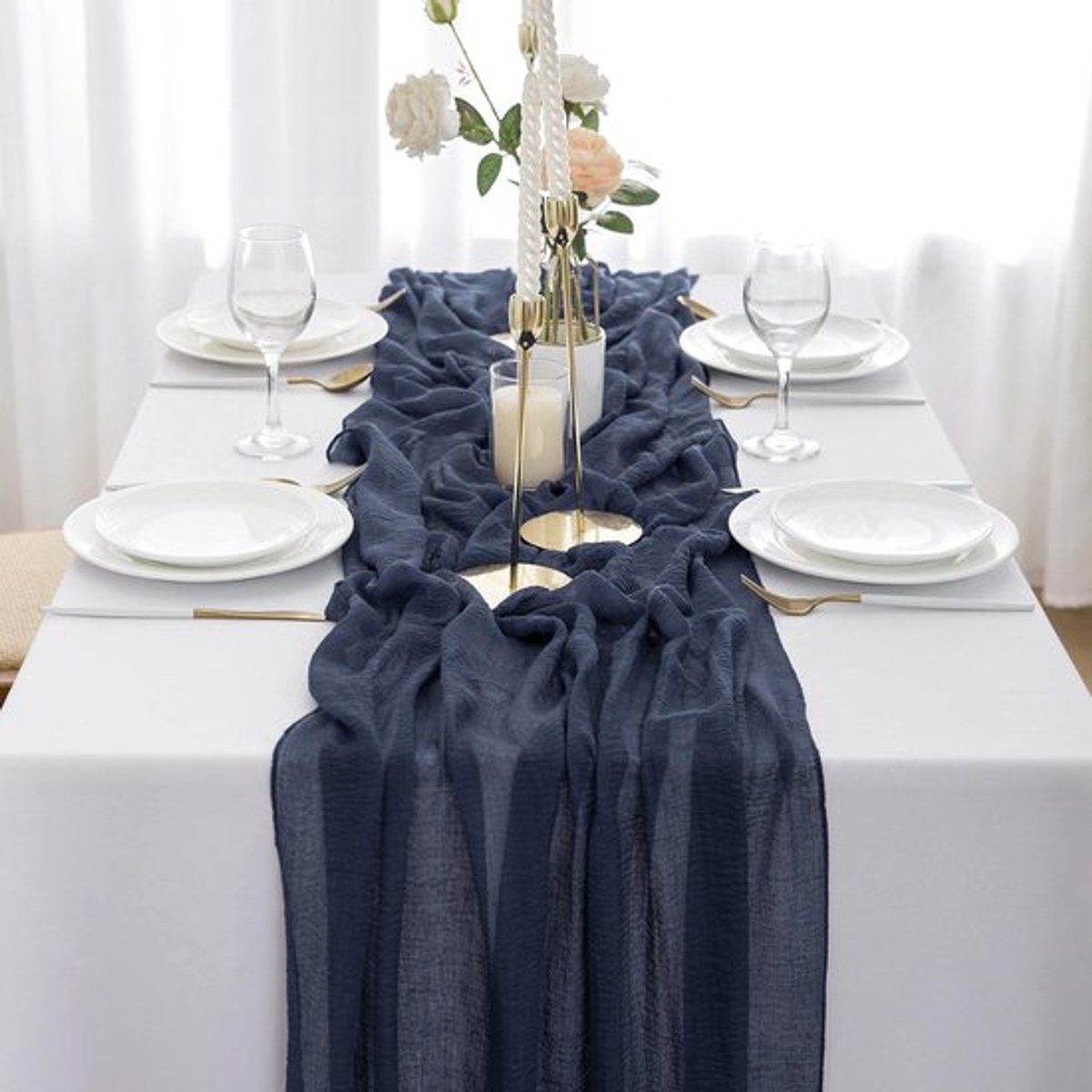 AOKSUNOVA Tafelloper bruiloft mousseline 3m x 80cm kaasdoek tafelloper kaasdoek stof donkerblauw