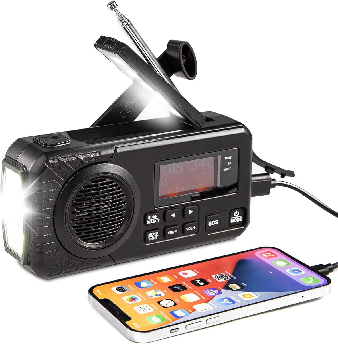 Noodradio solar en opwindbaar - Zwart - 12,8 x 6,0 x 4,5 cm - Oplaadbare Weerradio met Zaklamp en SOS-alarm - Voor Noodgevallen en Kamperen