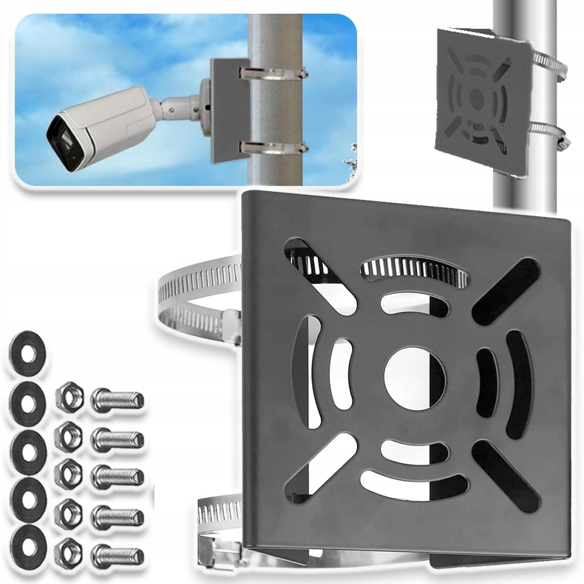 Zwarte Metalen CCTV-Montagebeugel Met Dubbele Klemmen - Geschikt Voor Buizen Van 45-100 mm Roestvrij Eenvoudig Te Installeren - Voor LED-Wandlampen En Podiumverlichting