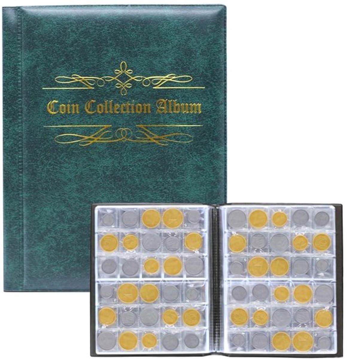 Muntalbum 480 Stuks - Munthouders Zelfklevend - Euro Munten - Opbergdoos voor Munten - Faux Leren Cover - Duidelijke PVC Pagina's - Munthouder