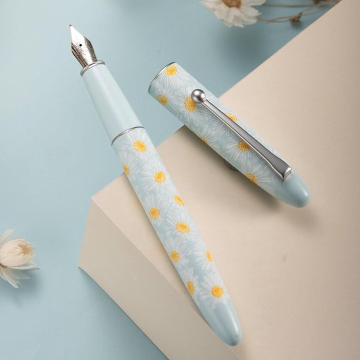 HONG DIAN C3 Vulpen, Iridium Extra Fijne Zachte Penpunt Chinese Knop Snijwerk, Lichtblauw & Kleine Daisy Schilderij Ontwerp met Metalen Doos Set