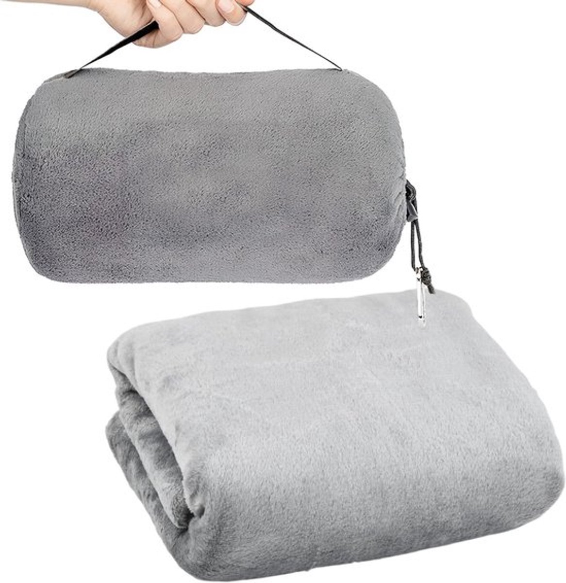 Thijox - 2-in-1 Deken en Reiskussen 127x152 cm, Ultraleichte Thermische Deken met Rugzakclip en Bagagetas, Warm en Comfortabel voor Vliegtuig, Auto, K