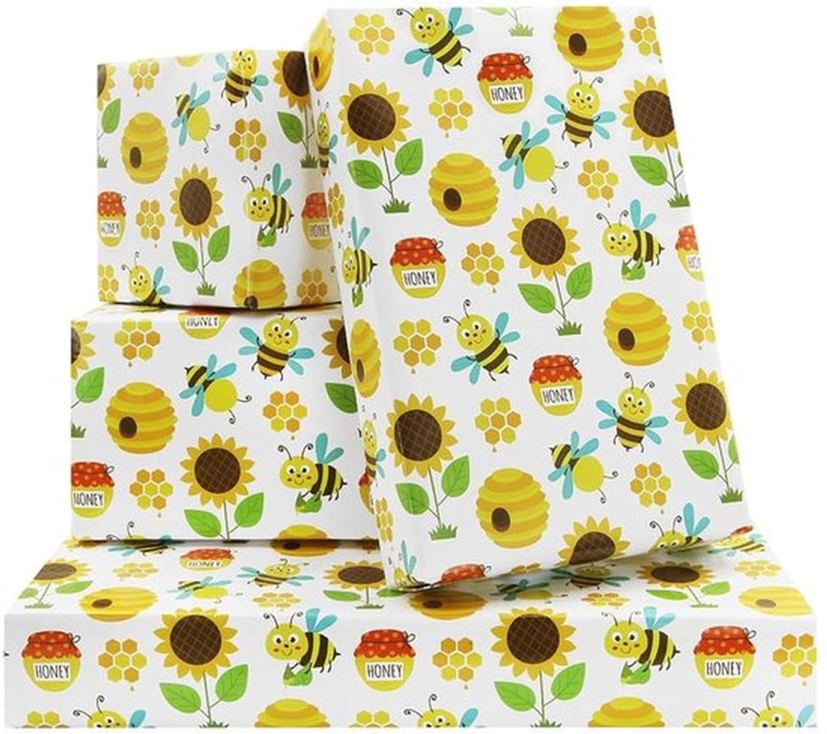 Verjaardagsinpakpapier 4 vellen - Geel Cadeaupapier - Thema Bijen/Zon/Bloem - Platgevouwen 50 x 70 cm - Perfect voor Kinderen/Babyshower - Opvallend en Mysterieus