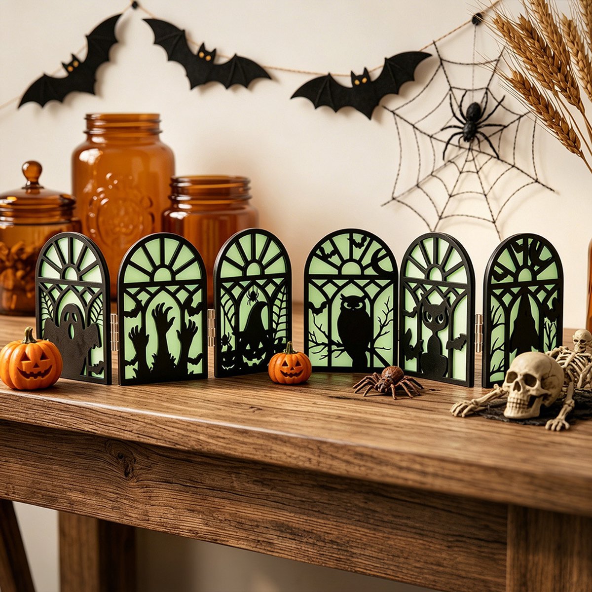 Halloween Tafeldecoratie – 2 Stuks – Zwarte Silhouetten met Groen Lichtgevend Effect – 2D Gotisch Raamontwerp – Opvouwbare Halloween Decoratie – Voor Tafel, Kast, Vensterbank & Feestdecoratie