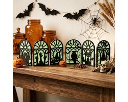 Halloween Tafeldecoratie – 2 Stuks – Zwarte Silhouetten met Groen Lichtgevend Effect – 2D Gotisch Raamontwerp – Opvouwbare Halloween Decoratie – Voor Tafel, Kast, Vensterbank & Feestdecoratie