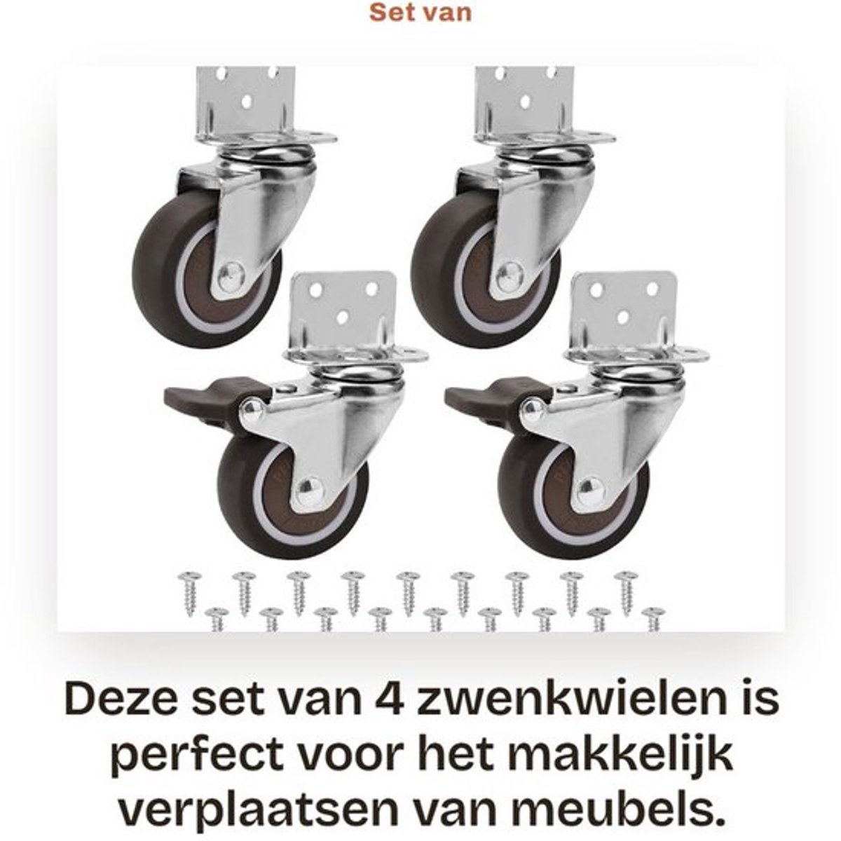 Meubelwielen 50 mm - Zwenkwielen set van 4 - Zware wielen met rem - Draagvermogen 120 kg - L-vormige montageplaat - Stabiele en duurzame structuur