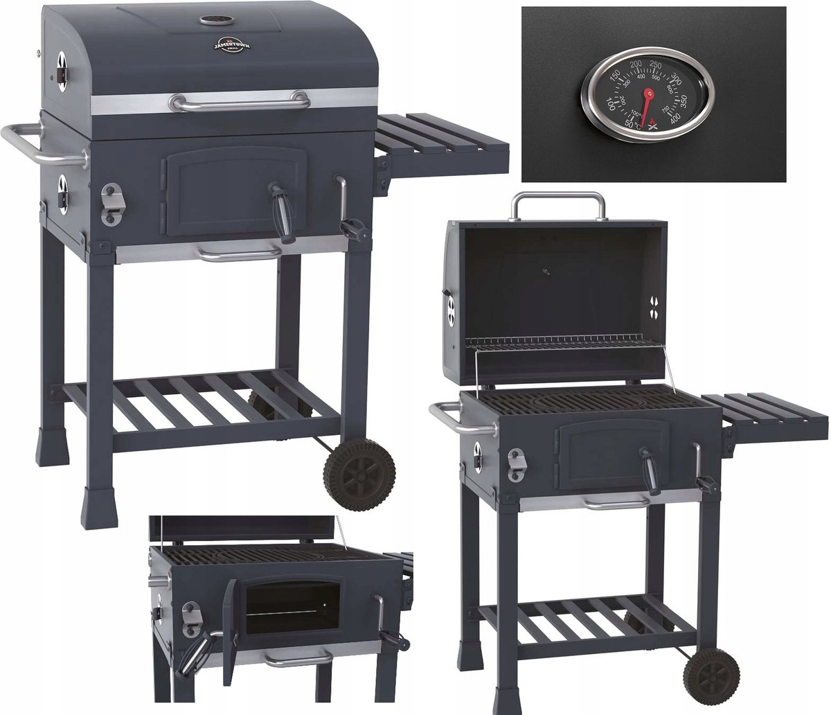 Stevige Koolgrill met Gietijzeren Rooster, Deksel & Thermometer