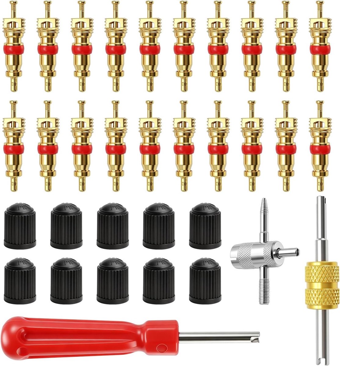 Bandenventielreparatiegereedschap met enkele en dubbele ventielkern, inclusief 10 ventieldoppen en 20 ventielkernen voor auto-onderhoud en bandenservice