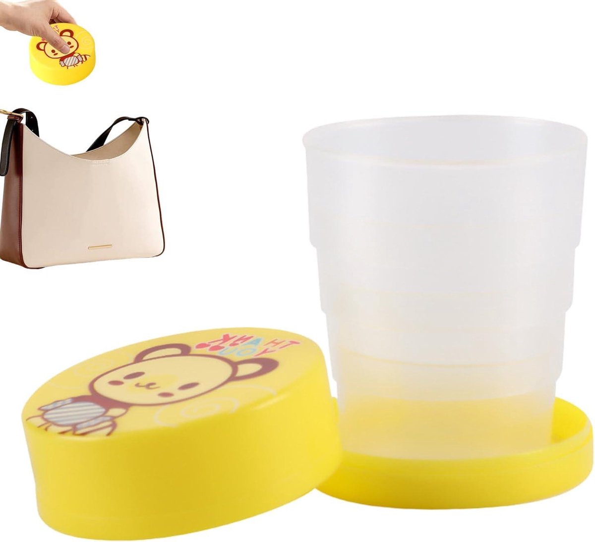 Opvouwbare Beker - Reisbeker Drinkbeker - Hydratatie Onderweg - Met Cartoon Deel - 6 x 6 x 7 cm - Geel