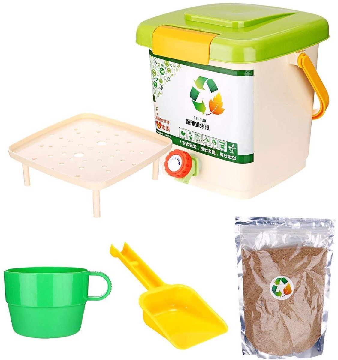 Compostbak Bokashi - Keukencomposter GFT-bak - Voedselafval Verwerken - Versneld Composteerproces - 10 liter - Wit groen
