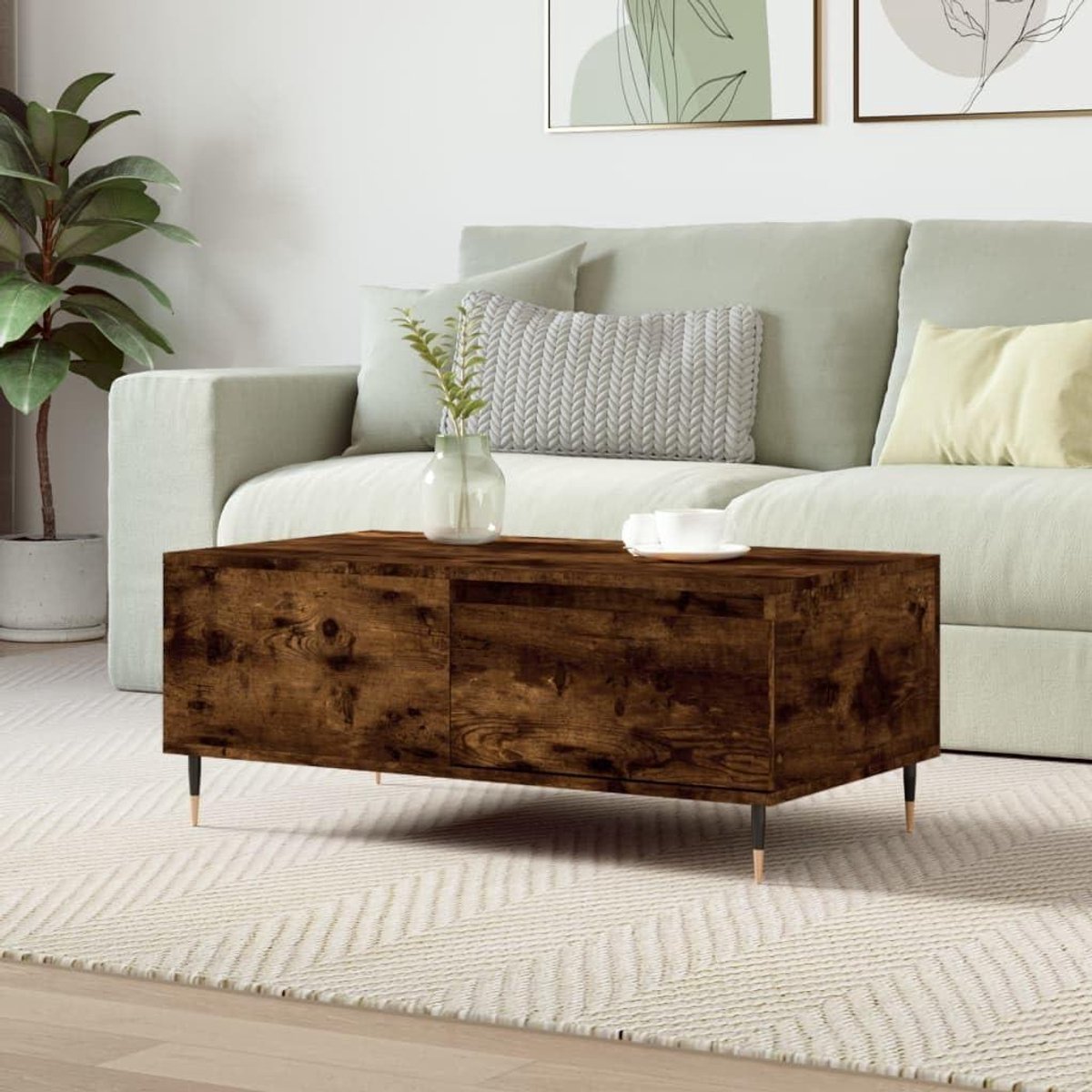 Salontafel Gerookt Eiken - Bijzettafel Hout - Woonkamer Inrichten - Met Lade - 90x50x365 cm - Gerookt eiken