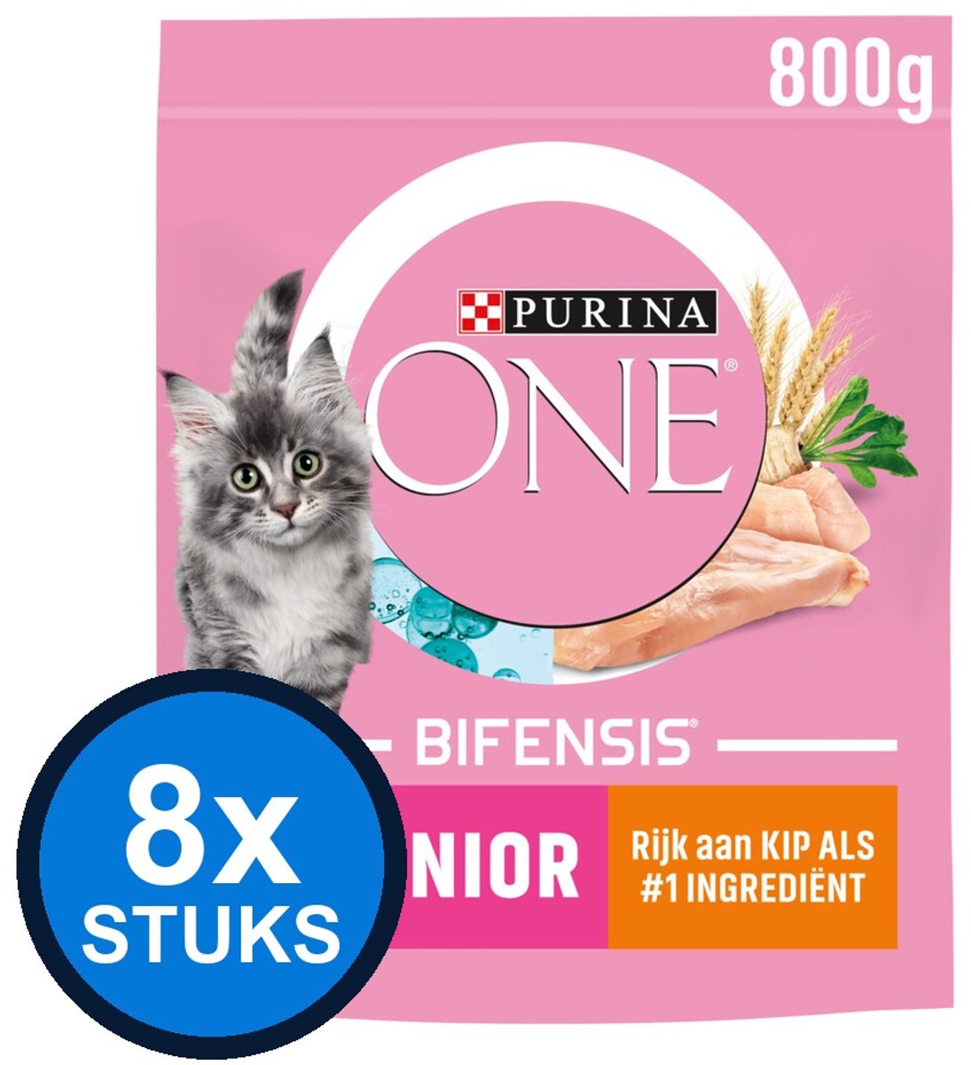 8x Purina ONE Junior - Kattenvoer - Kip & Volkoren Granen - 800g