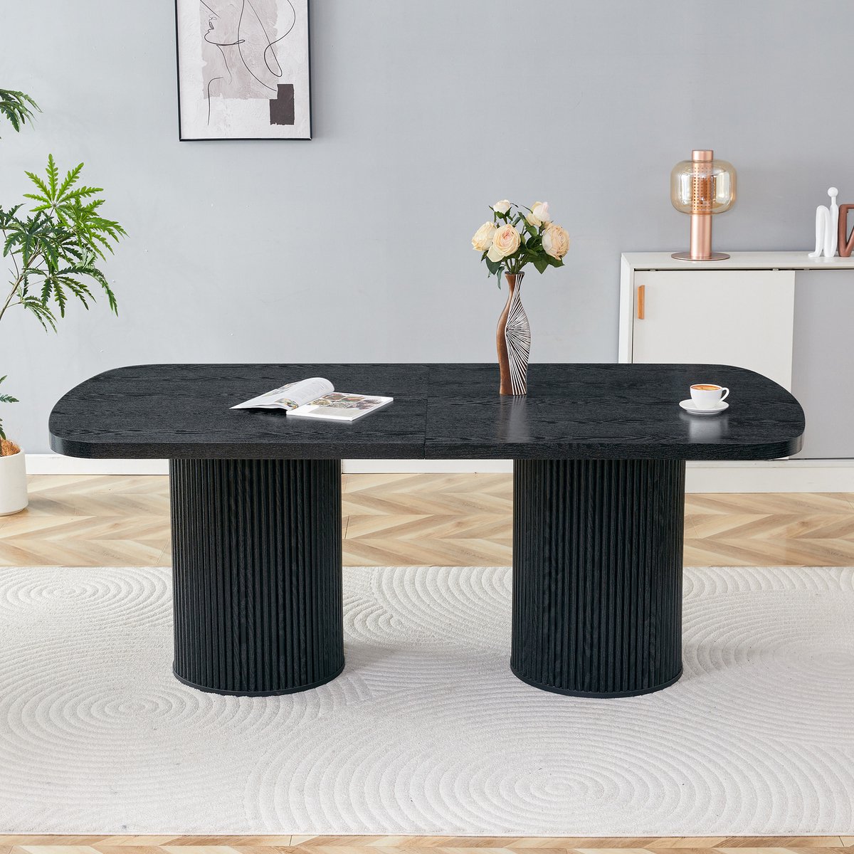 Wishdor Ovale eettafel - Geribbelde zuilvoet - MDF - Modern - Wabi-sabi - Mid-century - Zwart - 180 x 90 x 76 cm