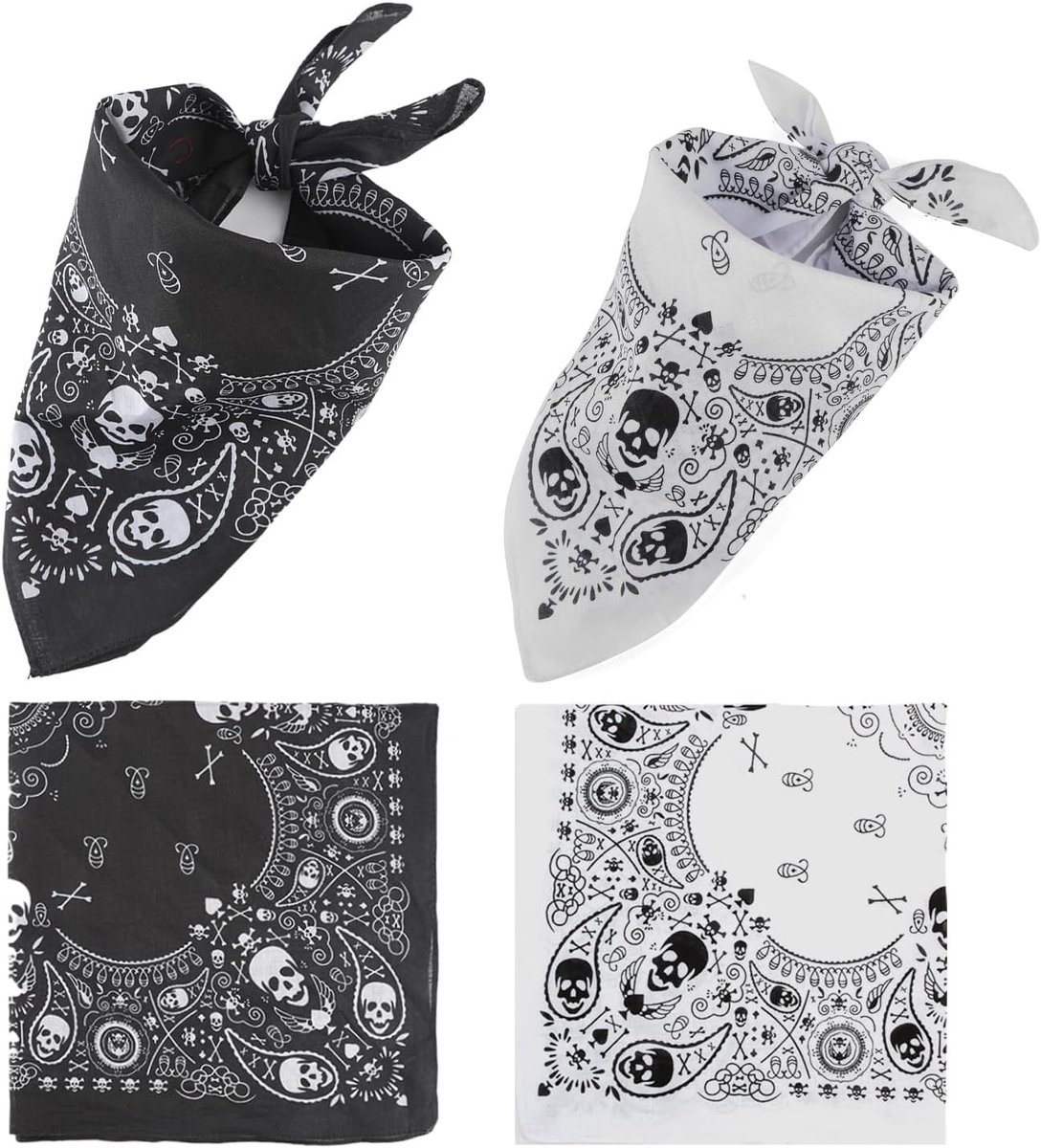 Set van 2 Piraten Bandana's in Zwart en Wit van Katoen voor Volwassenen - Kostuumaccessoires voor Feestjes en Thema-avonden, Unisex, One Size