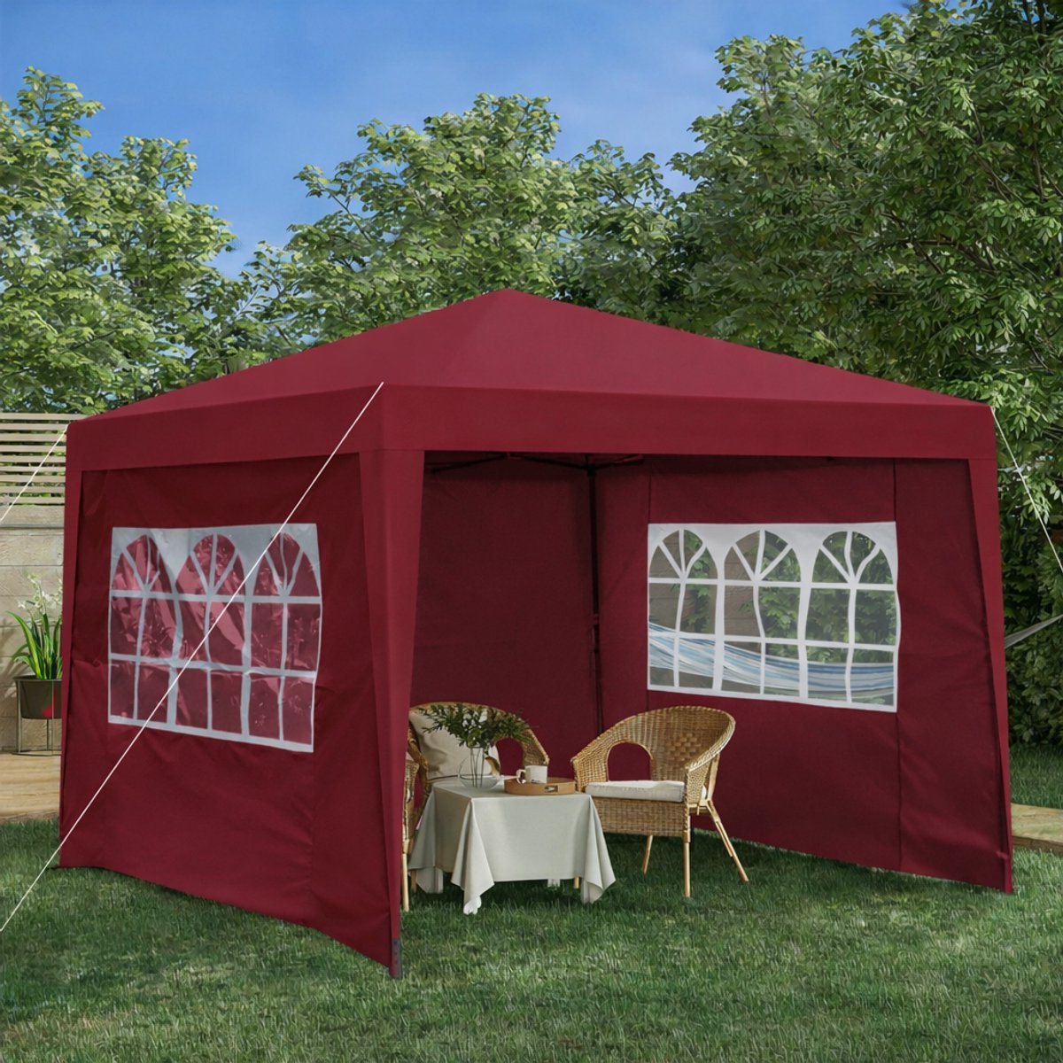COVREO Easy-up partytent 300x300 cm Burgundy, 4 zijwanden, stalen frame