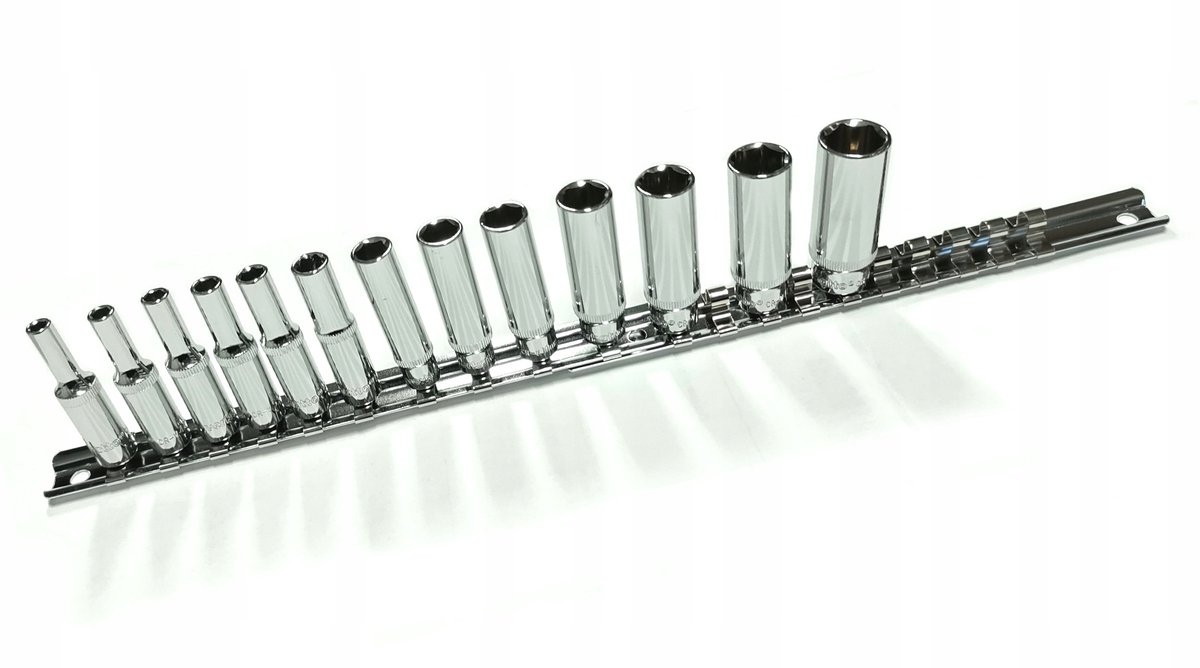 Lange 1/4" dopsleutelset 13-delig (4-14 mm) met ophangrails