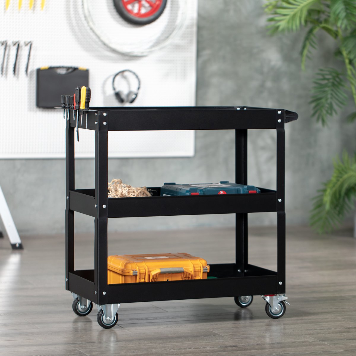 COVREO Werkstattwagen 83 x 35,3 x 76 cm zwart staal, met wielen en greep