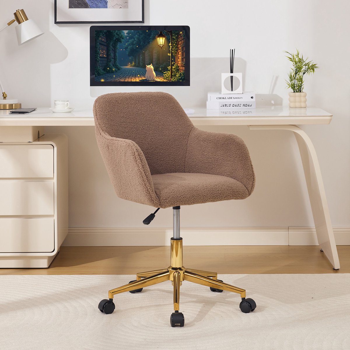 COVREO Bureaustoel 58x58x86 cm bruin pluche stof, hoogteverstelbaar