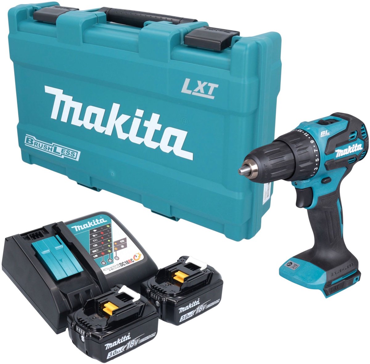 Makita DHP 490 RFK accu-slagboormachine 18 V 65 Nm borstelloos + 2x accu 3,0 Ah + oplader + koffer