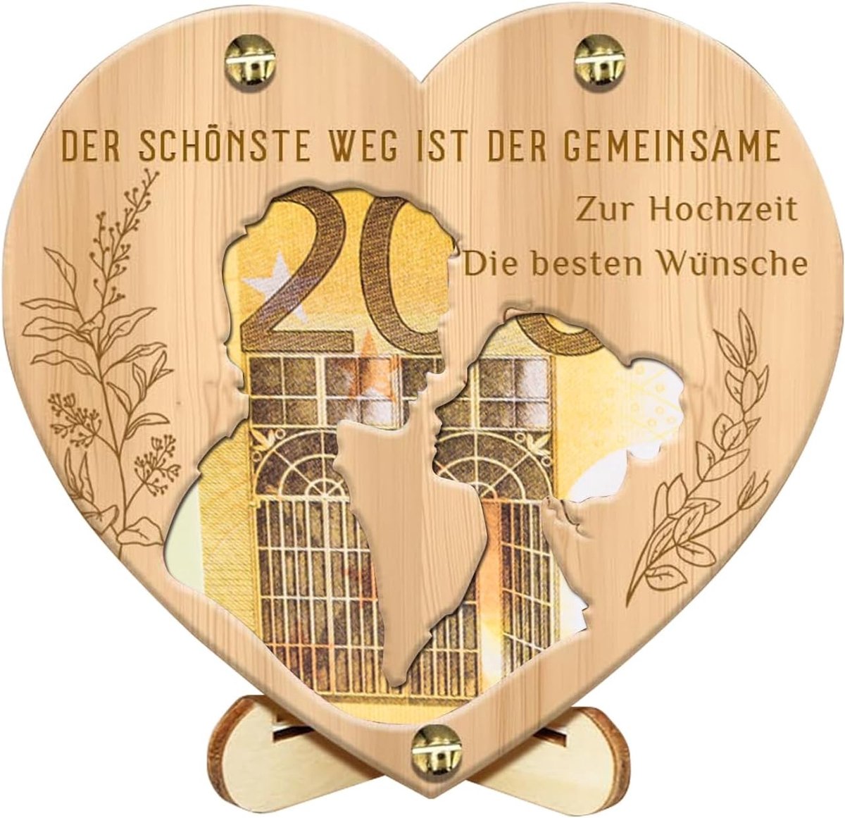 Hart van hout, zilveren cadeau voor bruiloften, elegante geschenkdoos voor pasgetrouwden met geld en persoonlijke wensen