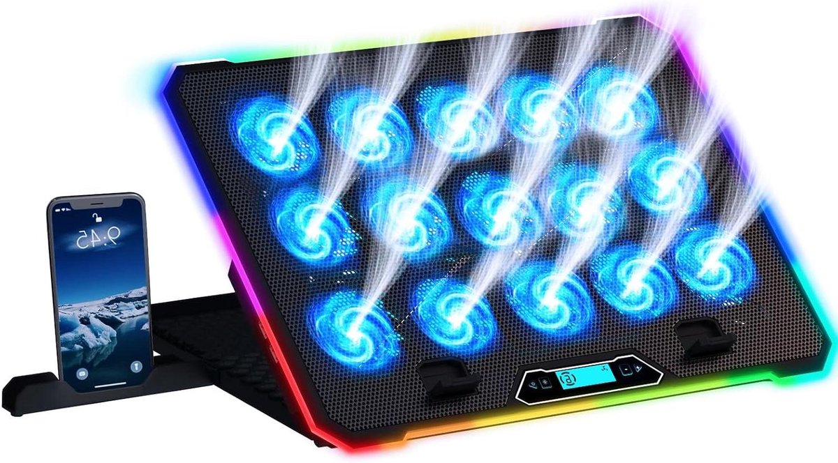 Laptop Koeler - Ventilator Stand - Gaming Prestaties - 15 Fans LCD - 10-17 inch - Zwart