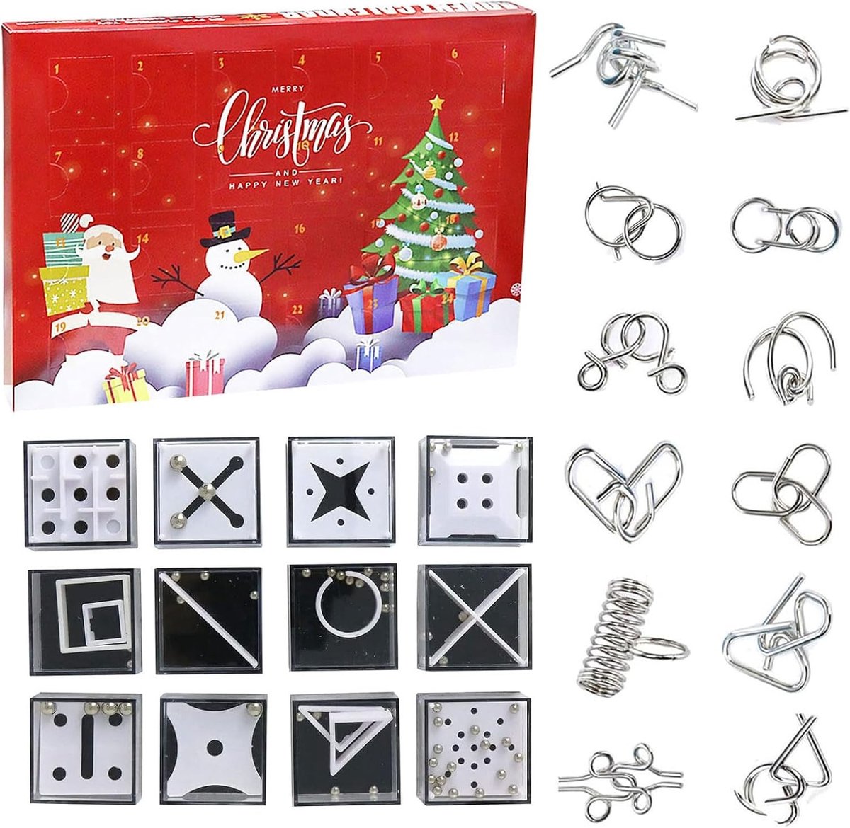 Adventskalender 2022 met 24 compartimenten voor geduldsspellen, mini denkspellen en educatieve 3D speelgoed voor kinderen, bevorder concentratie en verminder stress